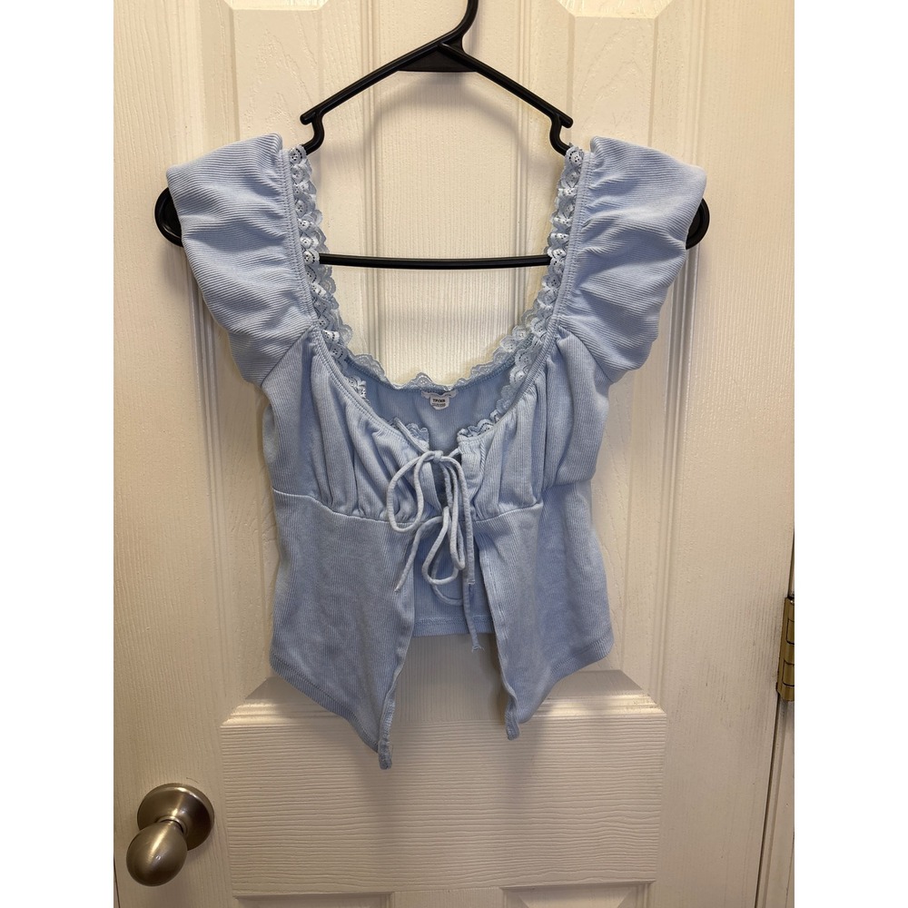 Garage Light Blue Ribbed Milkmaid Top, baby doll, coquette, Lace Trim Ruffle XS